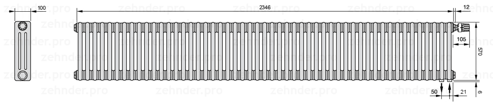 Схема (чертеж) Радиатор Zehnder Charleston 3057/51 №V002 Technoline TL